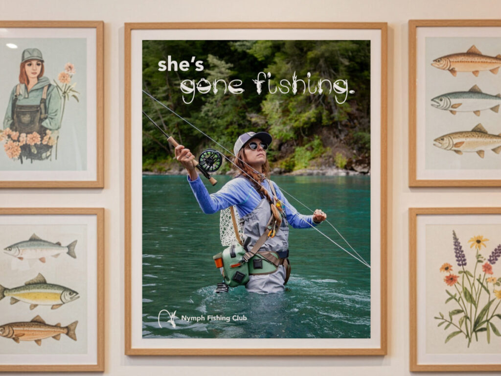 Poster of a woman fly fishing. It reads: "she's gone fishing".
