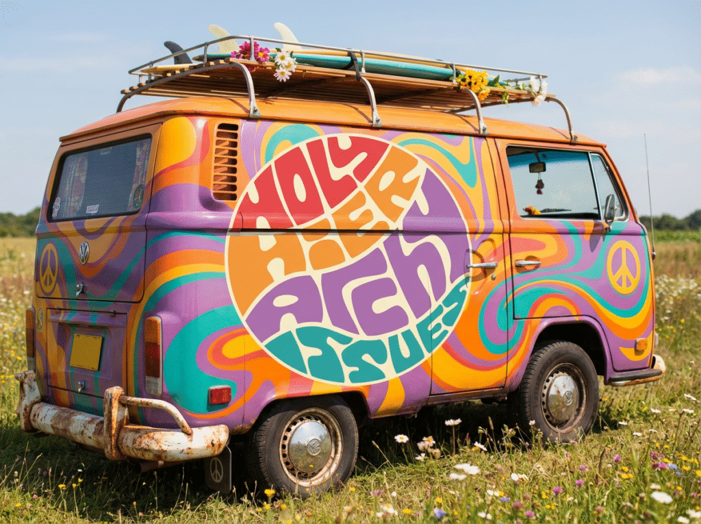 Design on a groovy hippie van.