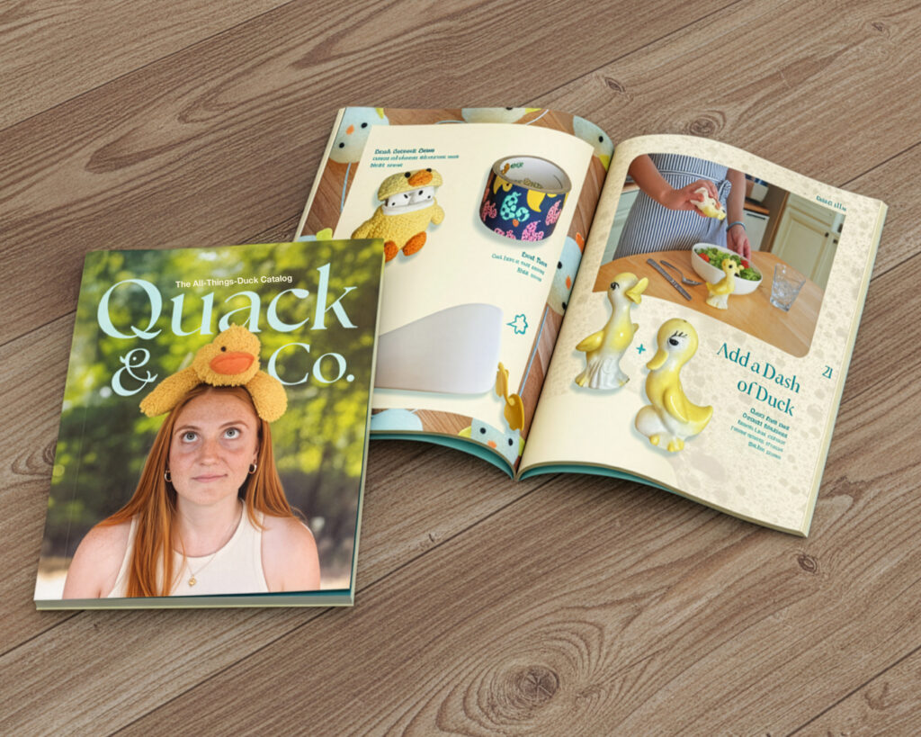 Wooden table with duck magazine spread opened.